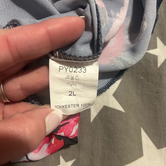 Dark blue and pink floral off the shoulders short sleeve top. - Picture 5 of 5